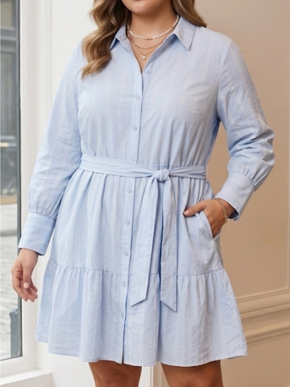Ava & Viv Light Blue Striped‎ Cotton Tiered Shirt Dress Plus Size 2X Long Sleeve